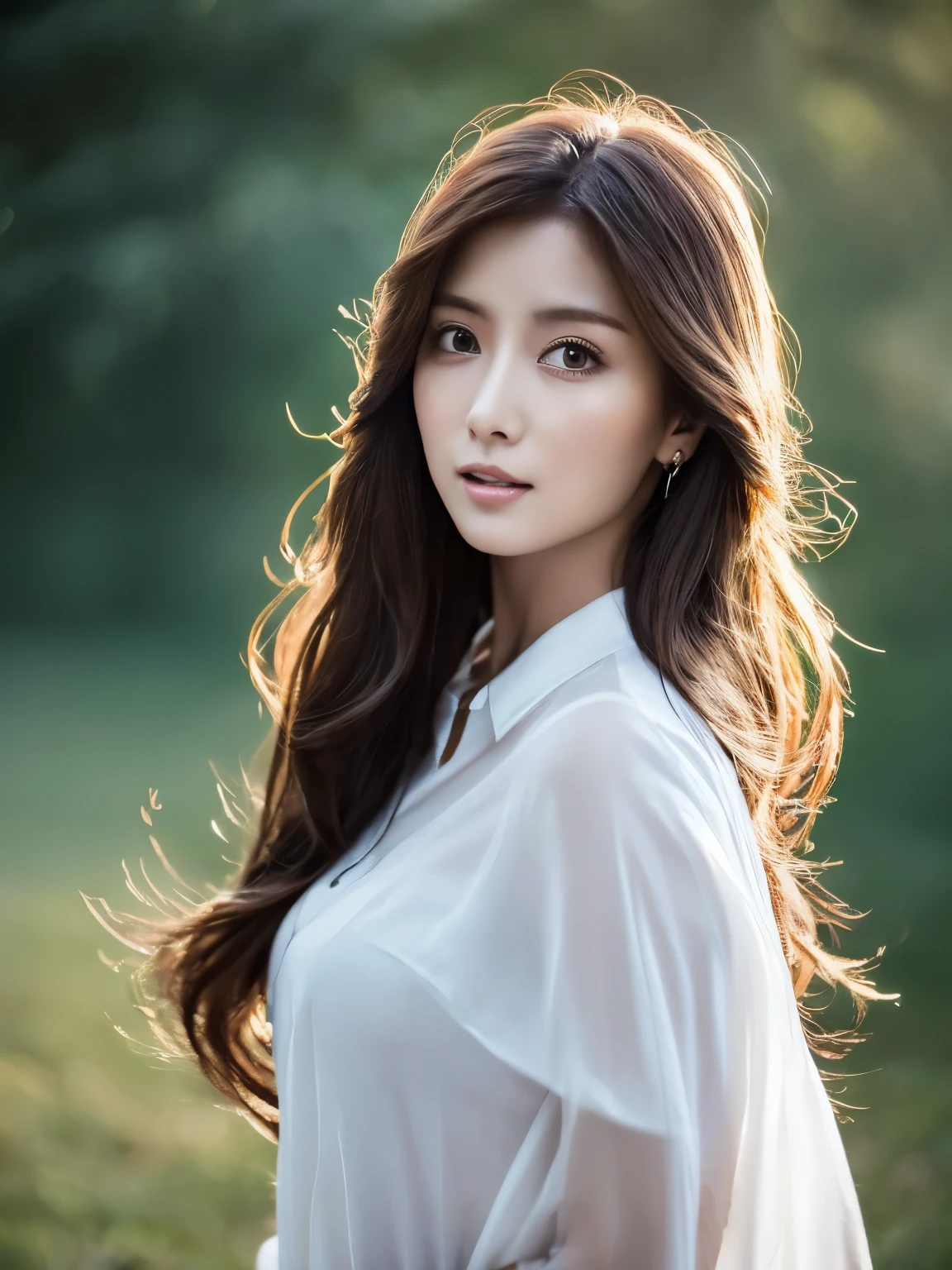 cinematic color, beautiful Eurasia woman, (best quality, ultra-detailed), gentle lighting, flowing hair, wearing see-through white shirt and jeans, delicate features, dreamy atmosphere