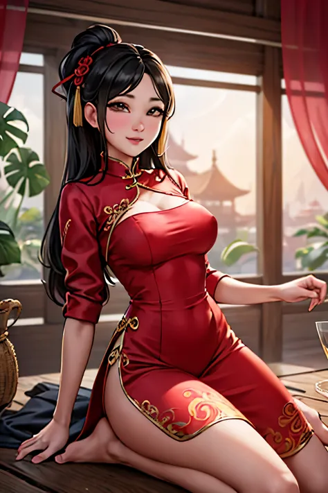 red chinese dress, 1 garota, Sozinho, cabelo preto, cabelo curto, tronco, sorriso, guarda-sol, mulher madura,