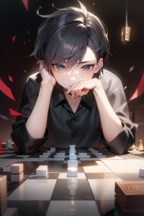 Anime boy covering his face with his hands sitting in front of the chessboard, guweiz style artwork, rimuru plays Go, best anime...
