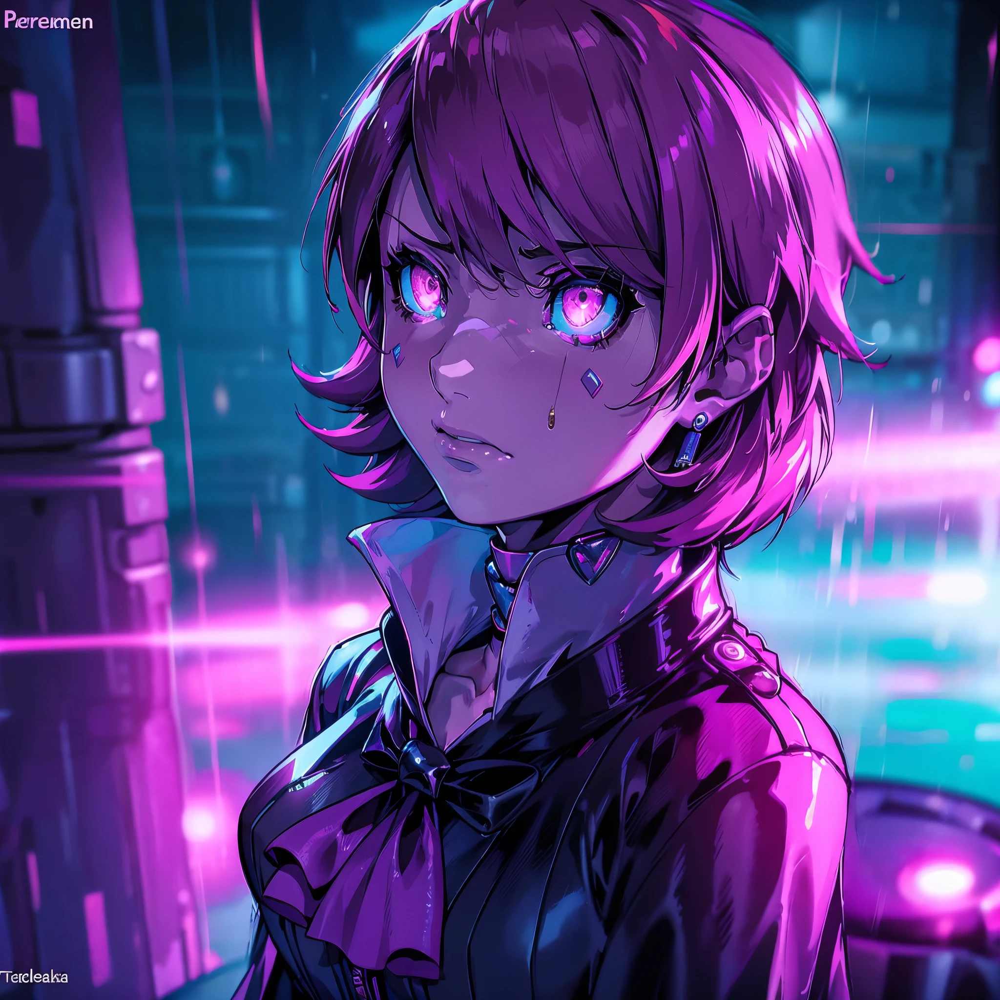 chef-d&#39;œuvre, Meilleure qualité, 1 fille cyberpunk, fille cyberpunk avec une expression triste, Tu regarde , coureur de lame 2049, tenue pop de nuit d&#39;inspiration Harajuku, couleurs et motifs audacieux, maquillage vibrant, Paysage urbain éblouissant Cyberpunk, grattes ciels, enseignes au néon, lumières LED, palette de couleurs vives et vives, animé, illustration, texture de peau détaillée, texture de tissu détaillée, beau visage détaillé, détails complexes, ultra détaillé, prendrebadef, , cardigan, arc, jupe, foulard, des boucles d&#39;oreilles