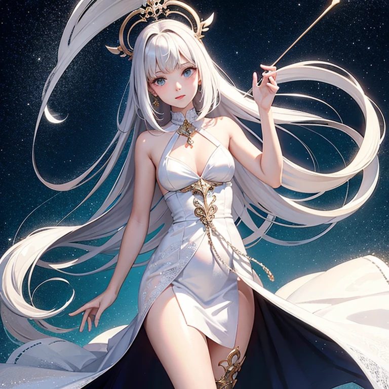 (masterpiece, highest quality, highest quality, detailed and complex, official art, beautiful and aesthetic:1.3), (1 girl:1.3),  colorful, Brilliant、majestic universe、starry sky、long white hair、floating hair、(full nude)、wearing a transparent white gown、armpit、Shot from the waist up、looking at the camera、(from below：1.3)、