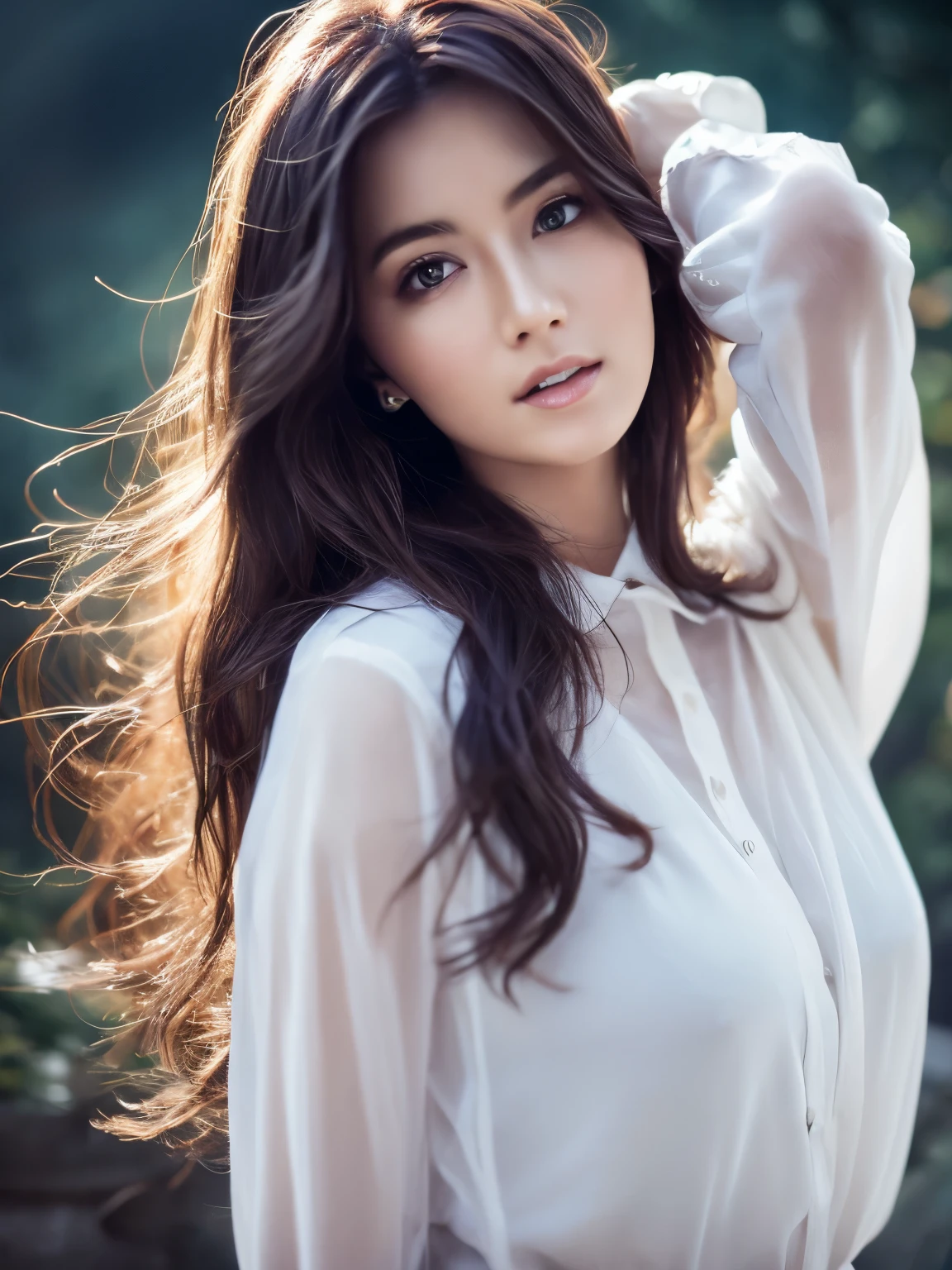 cinematic color, beautiful Eurasia woman, (best quality, ultra-detailed), feminin lighting, messy hair, wearing see-through white shirt and jeans, delicate features, dreamy atmosphere