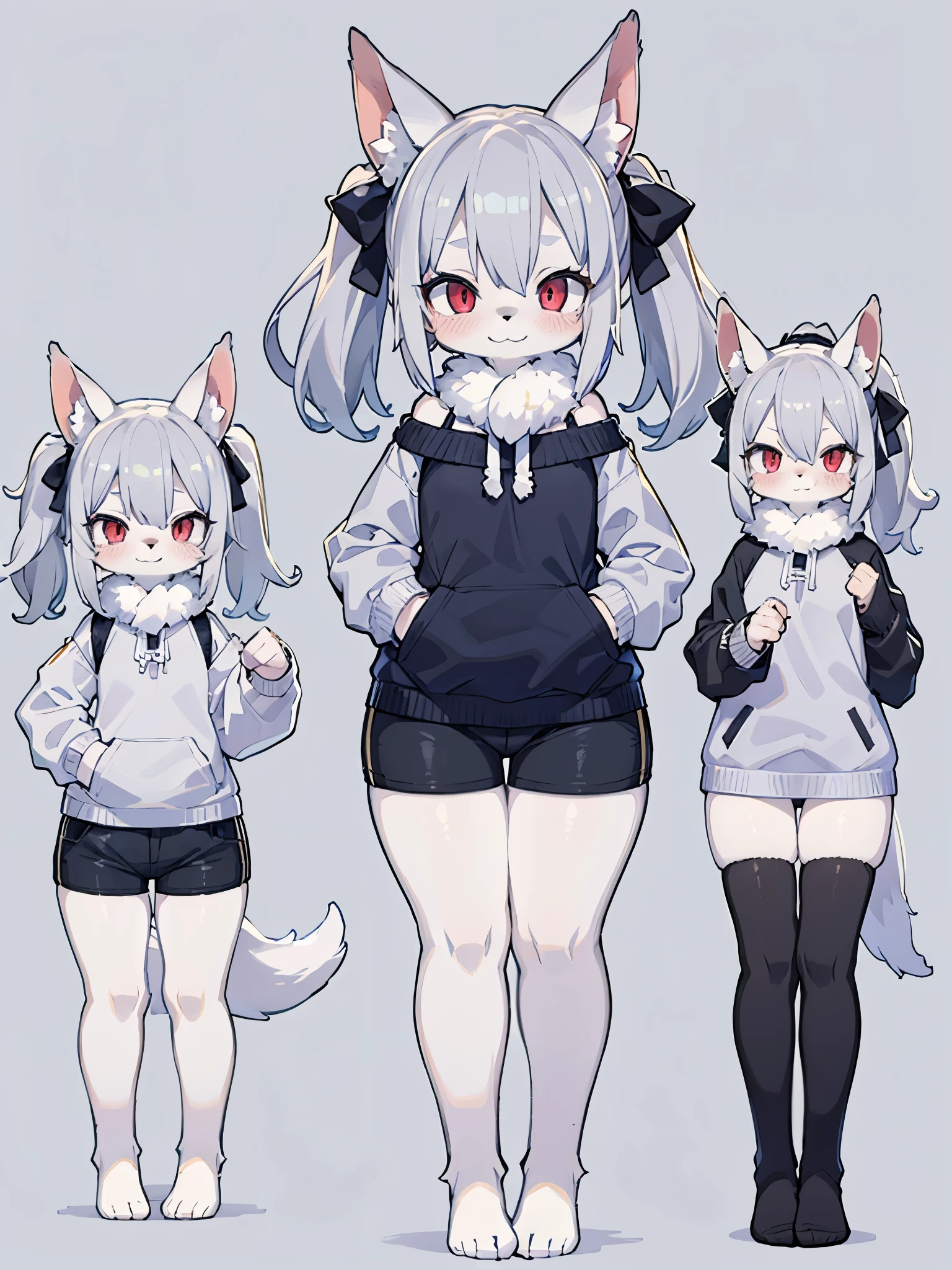 ((Best quality)), ((Masterpiece)), (detailed), ((Masterpiece, highest quality)), ((high quality)), ((Absurd resolution)), ((full body)), ((1 solo girl)), ((2d design)), leg fur, gray color wolf ears, gray color wolf tail, solo, 1girl, full body, standing, looking at viewer, full length character, looking forward, character in the center of the image, detailed body, symmetrical body, both hands resting downwards, legs apart, standing posture, full body concept, neutral posture, furry girl, no shoes, thighs exposed, stomach exposed, short hair, hair that reaches the shoulders, anime girl, perfect face, slim body, hungry, skinny body, teen anime, simple white background, ultra-fine fur, crossed bangs, hairline, shiny hair, lone nape hair, the smiley face has a faint blush, smiley, sleepy, light blush, small ponytail on each side, hair bow, pigtails with bow, pigtails of the same size, mane of white fur on the neck, long mane that covers the shoulders, entire neck covered by white mane, fur color cream, gray hair, red eyes, white sweater, black plain sports shorts, leg fur of the same size, legs exposed, legs with fur up to the thighs, thighs without fur, bright white fur on legs, sweater that reaches up to the ribs, sleeveless sweater, sweater top, sports sleeves full of white fur,