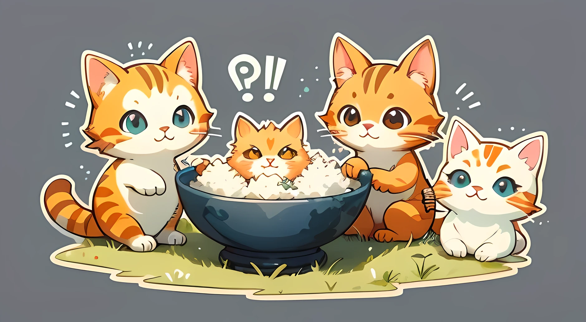 group of cute cats dining on grass, watercolor, simple background, minimal, cute, small, pastel colour, vector style,eat rice、lively、Two animals、orange cat