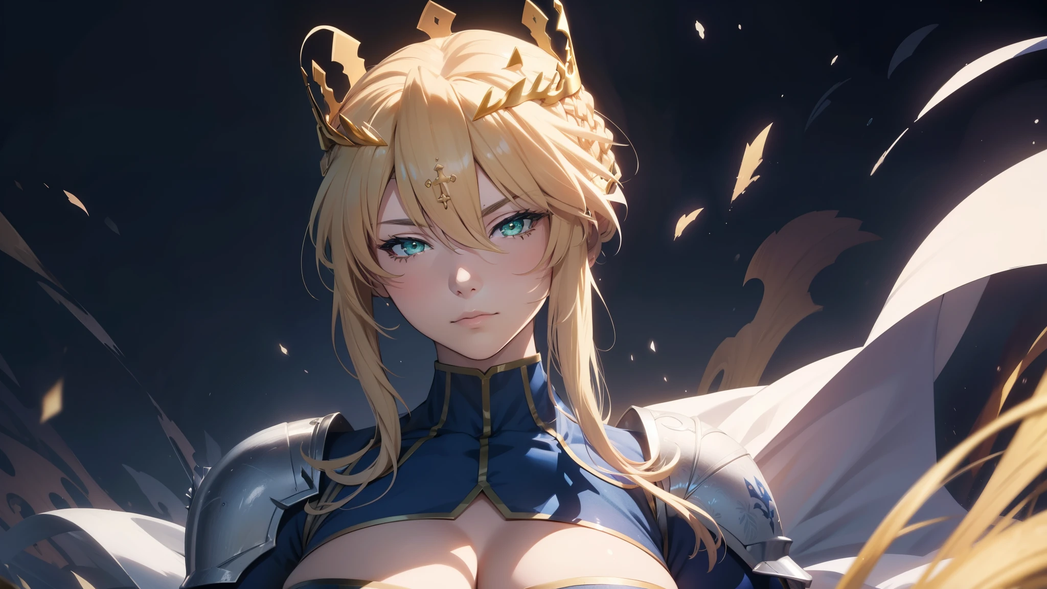 (best quality, highres), close-up portrait, artoria pendragon lancer, artoriaLancer, braid, adult woman, green eyes, crown, turtleneck, cleavage cutout, sleeveless, blue leotard, gauntlets