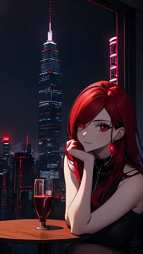 dinner with skyscrapers restaurant night view neon cyberpunk big city, gorgeous woman, red eyes, red hair,