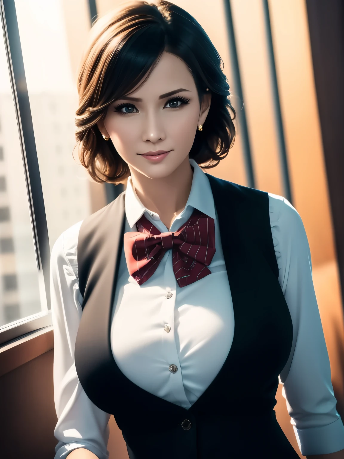 1 girl, mature woman, vest, bow, photograph, very detailed, surreal, 3D, octane rendering, realistic, highest quality, hire, detailed face, office, building from the window, detailed background, diffused sunlight, Depth of the bounds written, Bokeh
