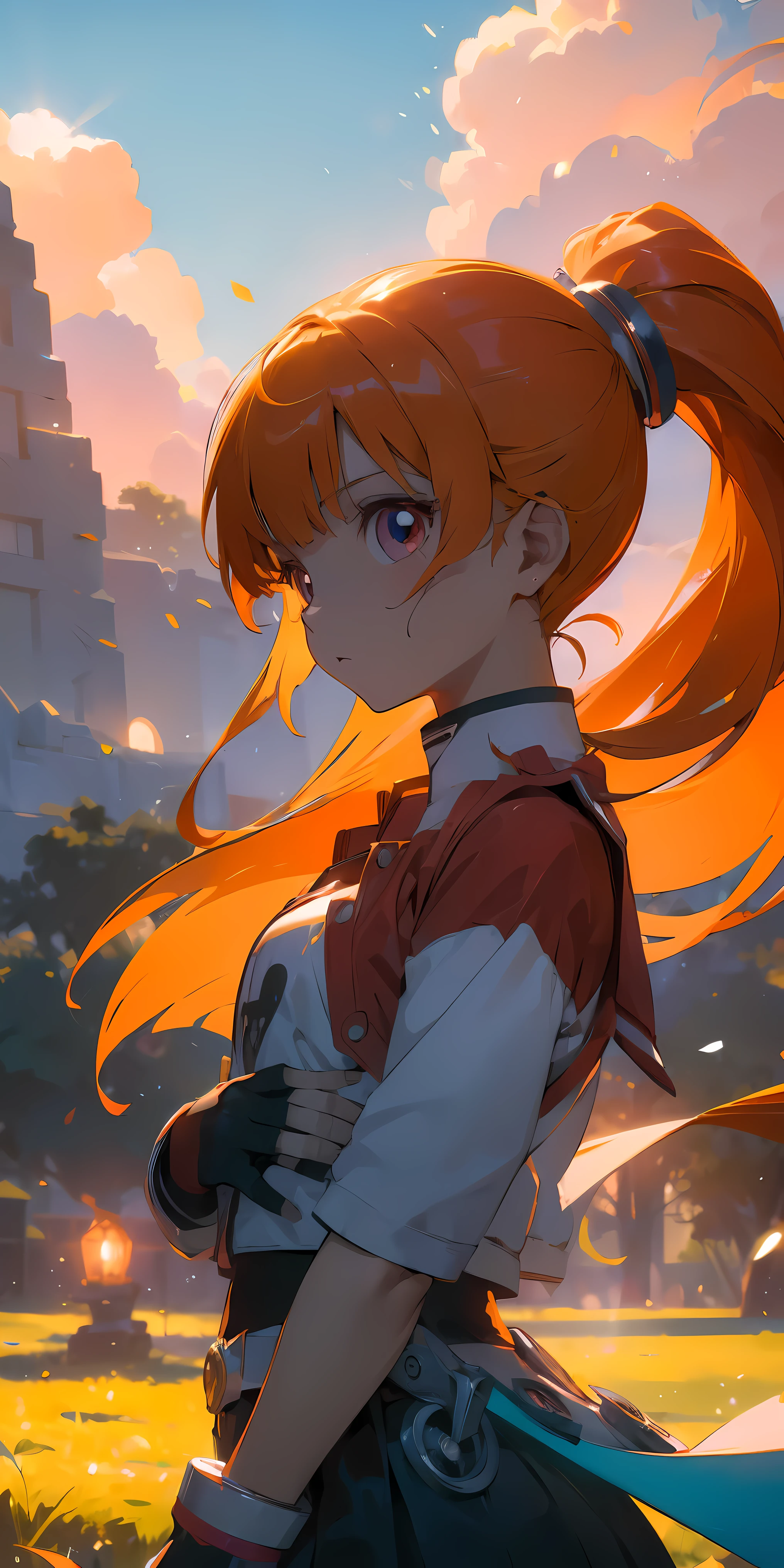 asunayuuki, cabello color naranja， Con dos espadas resplandecientes, Uniforme blanco de combate, Sword Art online adaptation, Trazos rojos que simulan la velocidad del personaje, Modo de batalla, (ultrarrealista), {Fondo de pantalla extremadamente detallado de la unidad CG 8k}, Vastas fotos de paisajes, (A central vision that prioritizes the whole character.., (Vista de campo abierto), (low angle shot), (destacar: 1.5), (baja iluminancia: 1.0), (warm light source: 1.0), detalles intrincados, (Colores iridiscentes: 1.5), (bright lighting), (atmospheric lighting), sword art online, dreamer, animado