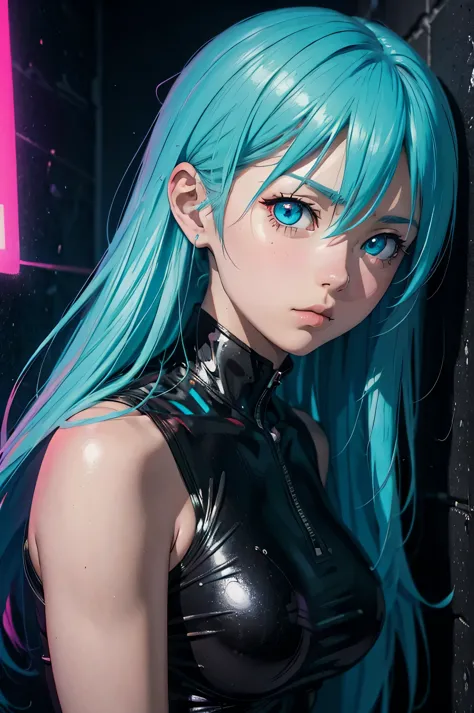 an anime girl is looking straight at the wall, in the style of neon realism, light cyan and crimson, realistic hyper-detailed po...