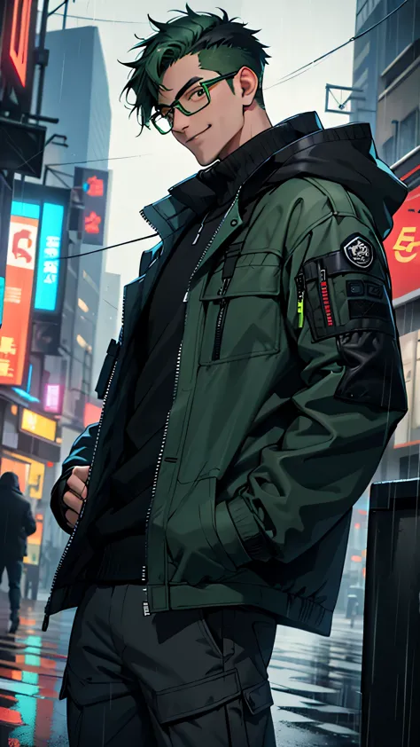 1 person，Tactical Jacket，City of night，rain，put your hands in your pockets，black hair, tactical clothing、green hair、、black glass...