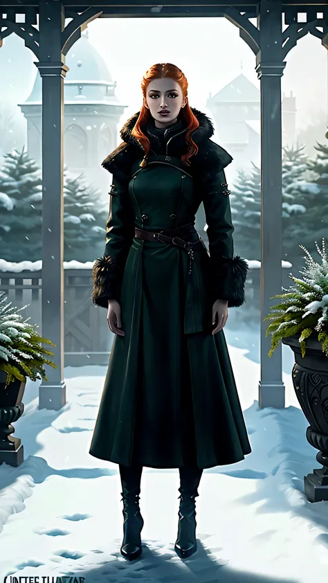 frostpunk, ((sophie turner)) as sansa stark, ginger hair bun, make-up, long dark green fur coat, high heels, earrings, rings, st...