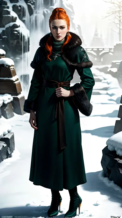 frostpunk, sks woman as sansa stark, ginger hair bun, make-up, long dark green fur coat, high heels, earrings, rings, standing i...