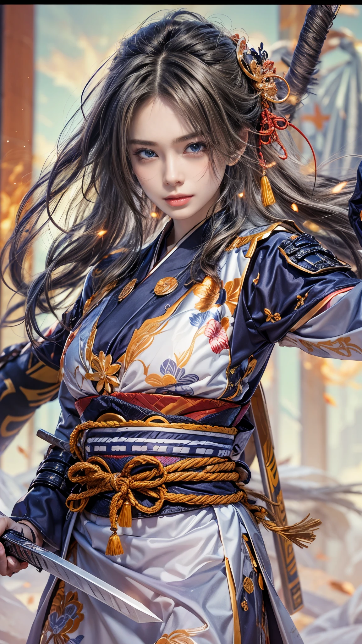 (RAW shooting, Photoreal:1.5, 8k, highest quality, masterpiece, ultra high resolution), Sengoku, Japanese architecture on fire, いたるところで燃え上がる戦fire:1.3, perfect dynamic composition:1.2, Highly detailed skin and facial textures:1.2, Slim female samurai with a sharp Japanese sword:1.3, radical, fierce battle:1.2, beautiful and aesthetic, cute and sexy beauty, perfect style:1.2, wear elaborate rings, fire, water, Wind, thunder, ice, Fair skin, very beautiful face, (Medium chest, Chest gap), (embarrassing smile, The expression on your face when you feel intense caress, Facial expression when feeling pleasure), (Wearing a sexy Sengoku uniform:1.1, off shoulder), (beautiful blue eyes, Eyes that feel beautiful eros:0.8), (Too erotic:0.9, Bewitching:0.9), full body shot