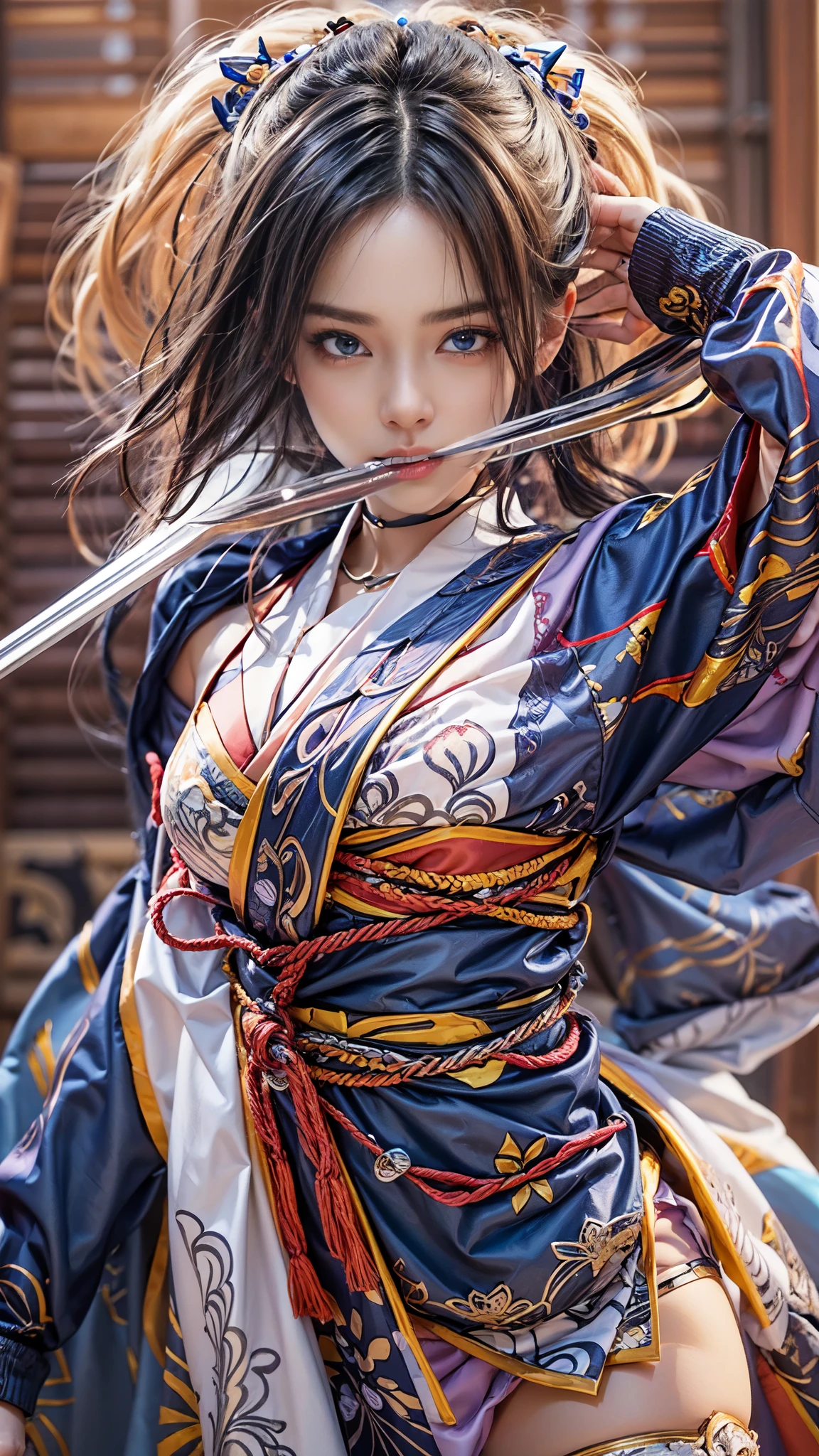 (RAW shooting, Photoreal:1.5, 8k, highest quality, masterpiece, ultra high resolution), Sengoku, fire事, いたるところで燃え上がる戦fire:1.3, perfect dynamic composition:1.2, Highly detailed skin and facial textures:1.2, Slim female samurai with a sharp Japanese sword:1.3, battle, fierce battle:1.2, beautiful and aesthetic, cute and sexy beauty, perfect style:1.2, wear elaborate rings, fire, water, Wind, thunder, ice, Fair skin, very beautiful face, (Medium chest, Chest gap), (embarrassing smile, The expression on your face when you feel intense caress, Facial expression when feeling pleasure), (Wearing a sexy Sengoku uniform:1.1, off shoulder), (beautiful blue eyes, Eyes that feel beautiful eros:0.8), (Too erotic:0.9, Bewitching:0.9), full body shot