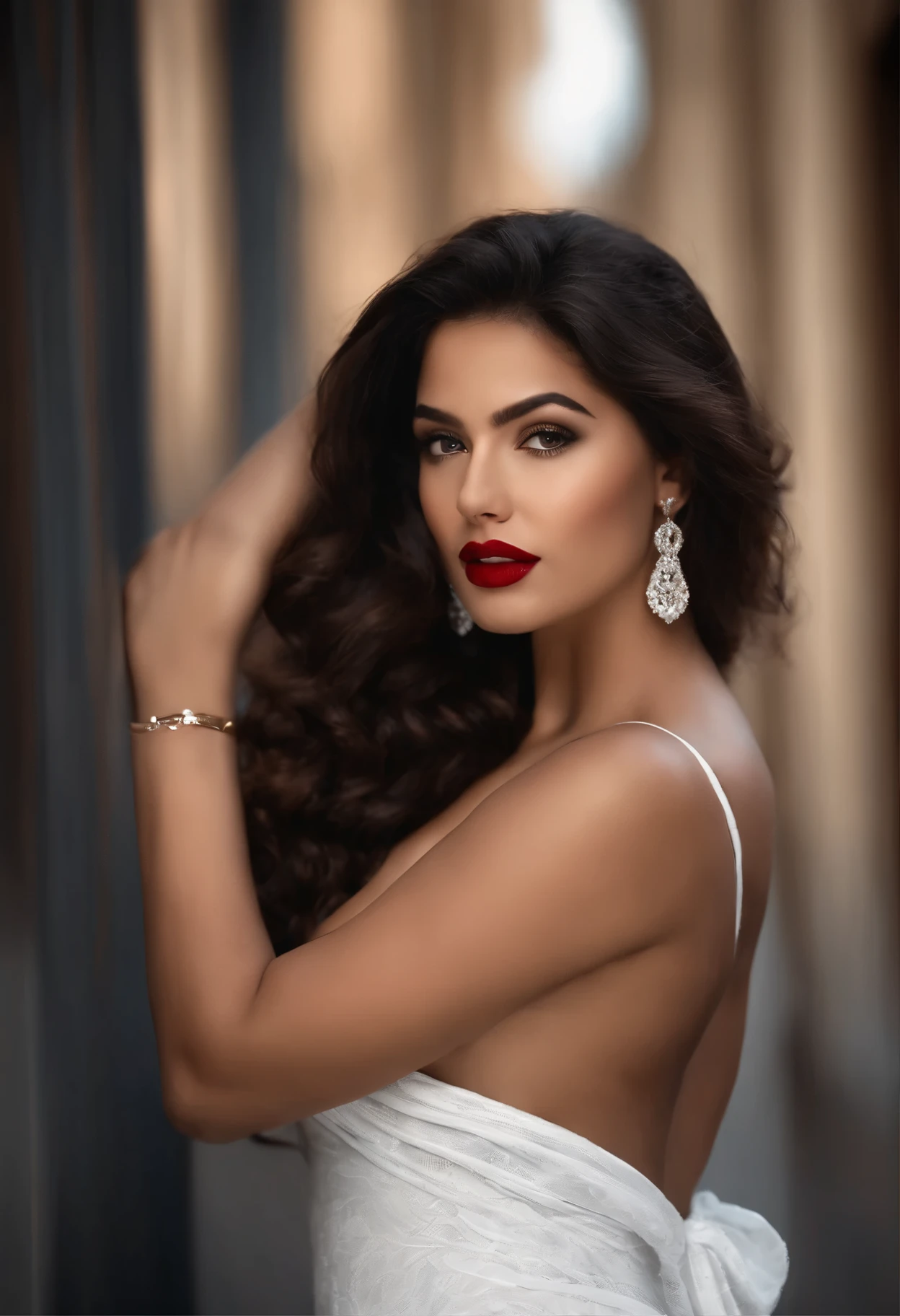 High-resolution realistic image: A stunningly beautiful 20-year-old Brazilian woman poses seductively for the camera with her arms crossed over her chest. Her voluptuous figure is accentuated by her flashy red lipstick, creating an alluring and provocative expression. The sleek darkness of her long, wavy brown hair cascades down her shoulders, framing her perfectly symmetrical features. Her deep brown eyes, filled with emotion and desire, gaze intently at the viewer, drawing them in. The white background provides a clean and crisp contrast, highlighting every detail of her flawless complexion and every curve of her toned figure. Taken with an 8K,