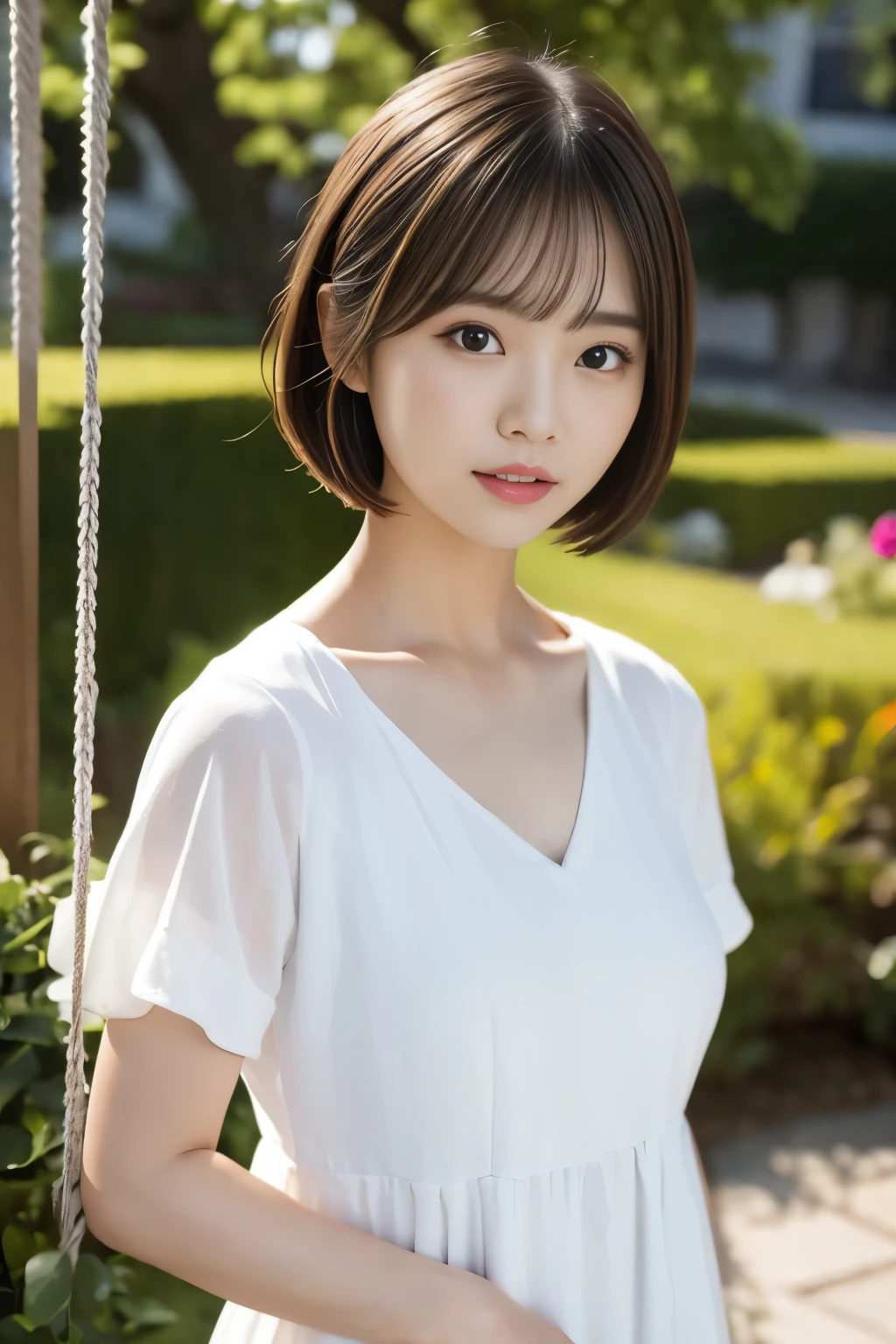 (((garden:1.3, Swing))), ((medium bob:1.3, Swing:1.2, Swingに乗る日本人女性:1.2, white dress, cute)), (clean, natural makeup), (highest quality, masterpiece:1.3, 超High resolution), (Super detailed, caustics), (realistic:1.4, RAW shooting), very detailed, High resolution, 16K resolution