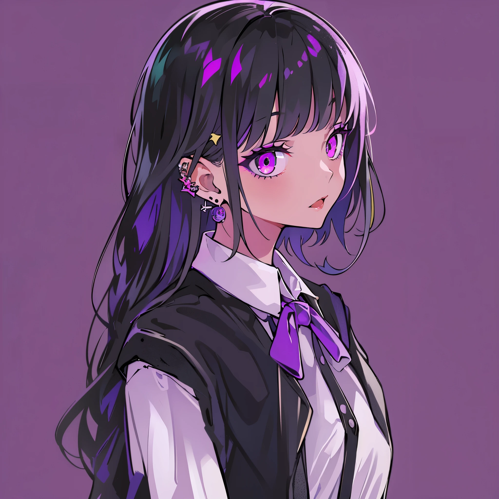 girl in school uniform with black and purple hair standing in front of purple background, 1 girl, alone, short hair, skirt, shirt, black hair, purple background, white ,purple eyes, black , pleated ,shirt, black hair, purple background, white ,purple eyes, black , pleated skirt, From the side, short sleeve, earrings, collared  tucked in,rum \(rumダヨー\),eye shadow, red pink lips, multicolored red eyes, purple theme,Wear an iridescent aura,beautiful eyes,purple carpet,hanging bangs