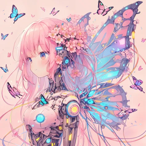 anime girl with butterfly wings and flowers in her hair, Pastel Watercolor、(anime style:1.1), Small smile, Mechanical pink glowi...