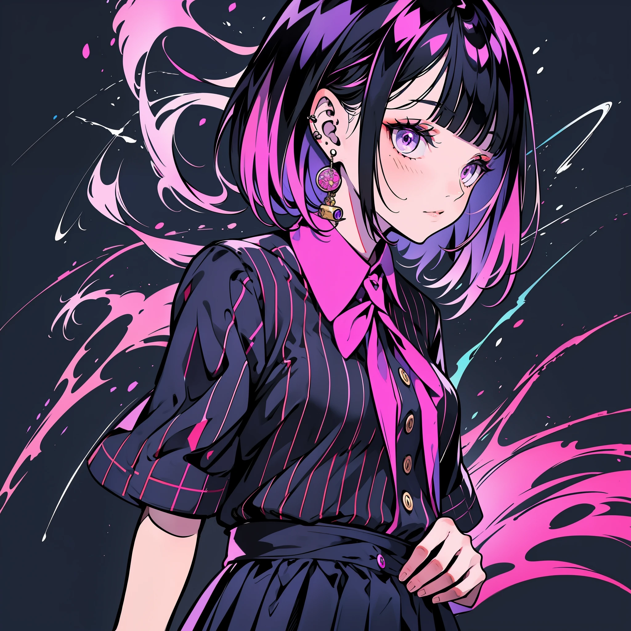 girl in school uniform with black and purple hair standing in front of 紫色の背景, 1 girl, alone, short hair, skirt, shirt, black hair, tie, simple background, white shirt, purple eyes, black tie, jewelry, pleated skirt, From the side, short sleeve, earrings, collared shirt, shirt tucked in,rum \(rumダヨー\)