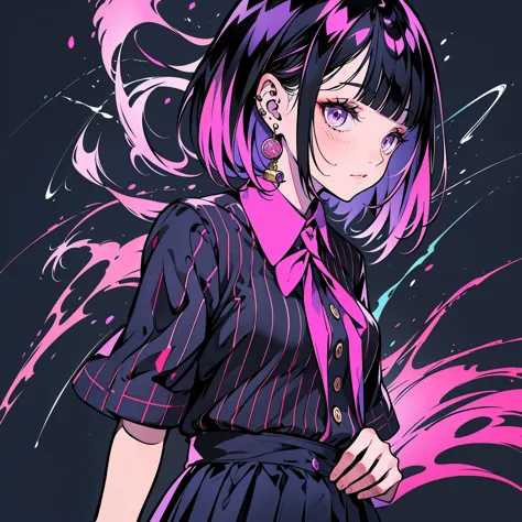 girl in school uniform with black and purple hair standing in front of 紫色の背景, 1 girl, alone, short hair, skirt, shirt, black hai...