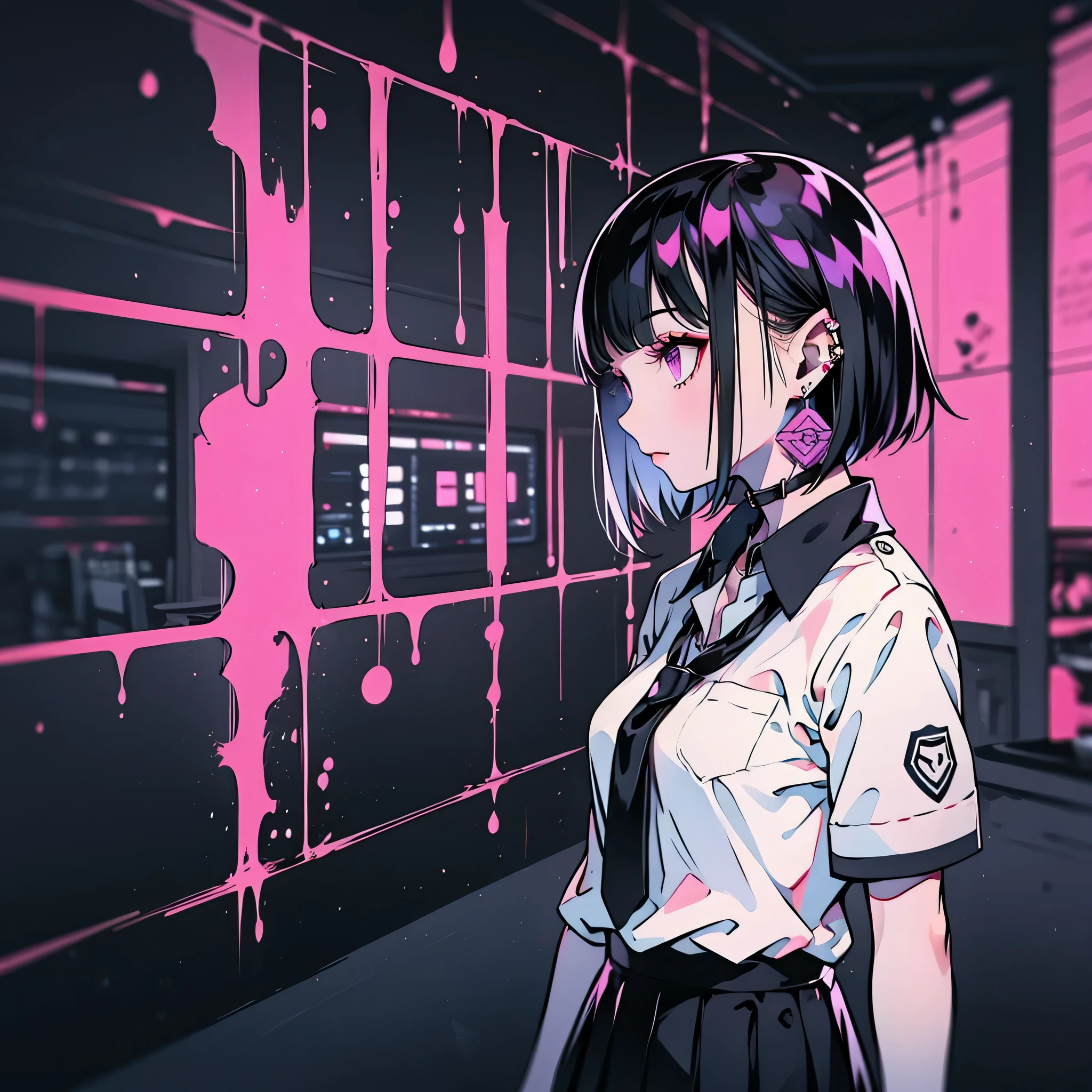 girl in school uniform with black and purple hair standing in front of 紫色の背景, 1 girl, alone, short hair, skirt, shirt, black hair, tie, simple background, white shirt, purple eyes, black tie, jewelry, pleated skirt, From the side, short sleeve, earrings, collared shirt, shirt tucked in,rum \(rumダヨー\)