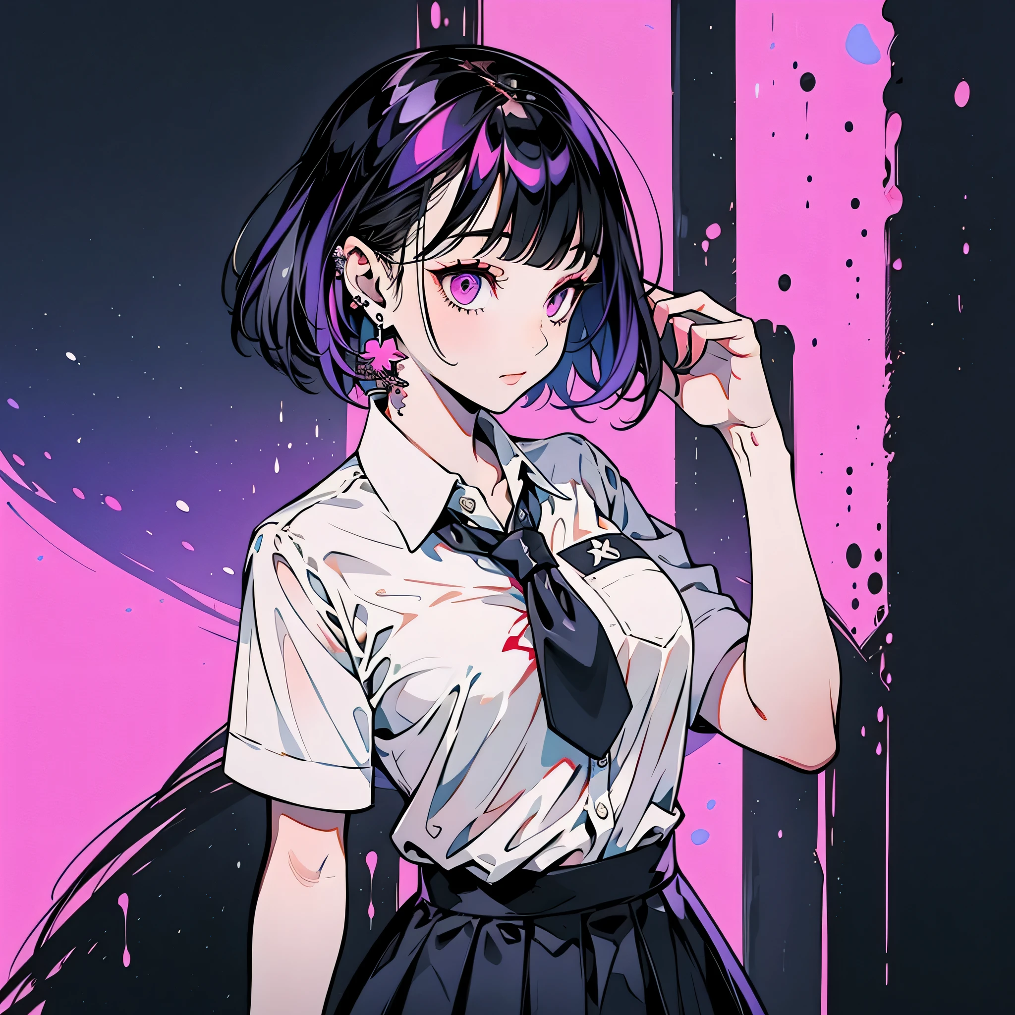 girl in school uniform with black and purple hair standing in front of 紫色の背景, 1 girl, alone, short hair, skirt, shirt, black hair, tie, simple background, white shirt, purple eyes, black tie, jewelry, pleated skirt, From the side, short sleeve, earrings, collared shirt, shirt tucked in,rum \(rumダヨー\)