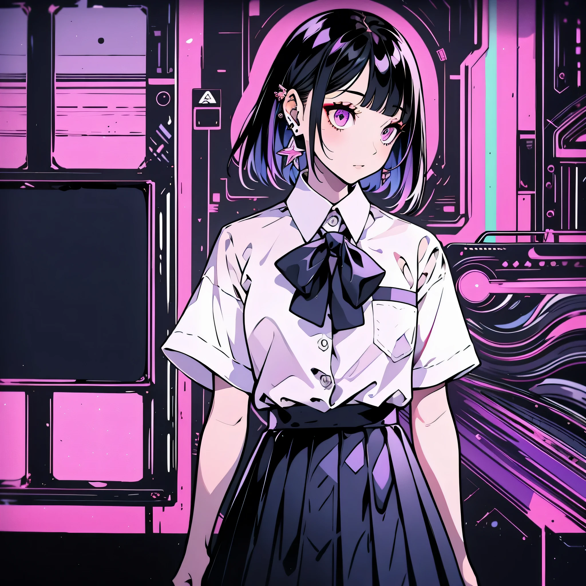 girl in school uniform with black and purple hair standing in front of 紫色の背景, 1 girl, alone, short hair, skirt, shirt, black hair, tie, simple background, white shirt, purple eyes, black tie, jewelry, pleated skirt, From the side, short sleeve, earrings, collared shirt, shirt tucked in,rum \(rumダヨー\)