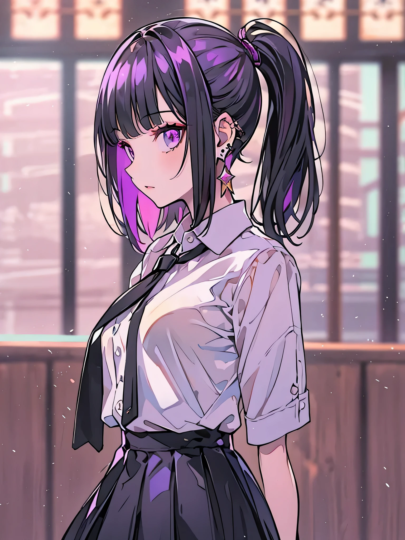 girl in school uniform with black and purple hair standing in front of 紫色の背景, 1 girl, alone, short hair,The pony is、 skirt, shirt, black hair, tie, simple background, white shirt, purple eyes, black tie, jewelry, pleated skirt, From the side, short sleeve, earrings, collared shirt, shirt tucked in,rum \(rumダヨー\)