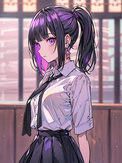 girl in school uniform with black and purple hair standing in front of 紫色の背景, 1 girl, alone, short hair,the pony is、 skirt, shir...