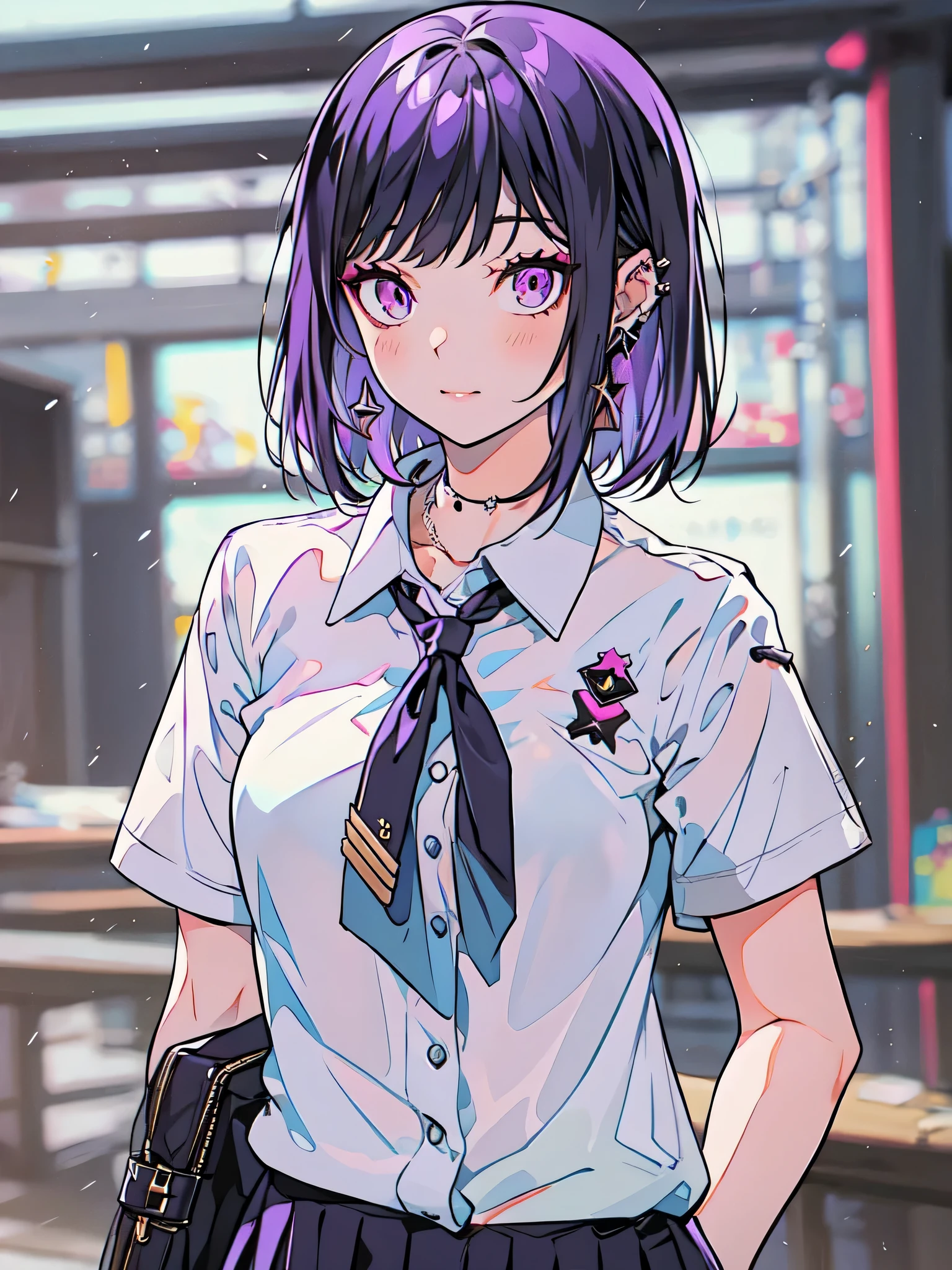 girl in school uniform with black and purple hair standing in front of 紫色の背景, 1 girl, alone, short hair,The pony is、 skirt, shirt, black hair, tie, simple background, white shirt, purple eyes, black tie, jewelry, pleated skirt, From the side, short sleeve, earrings, collared shirt, shirt tucked in,rum \(rumダヨー\)