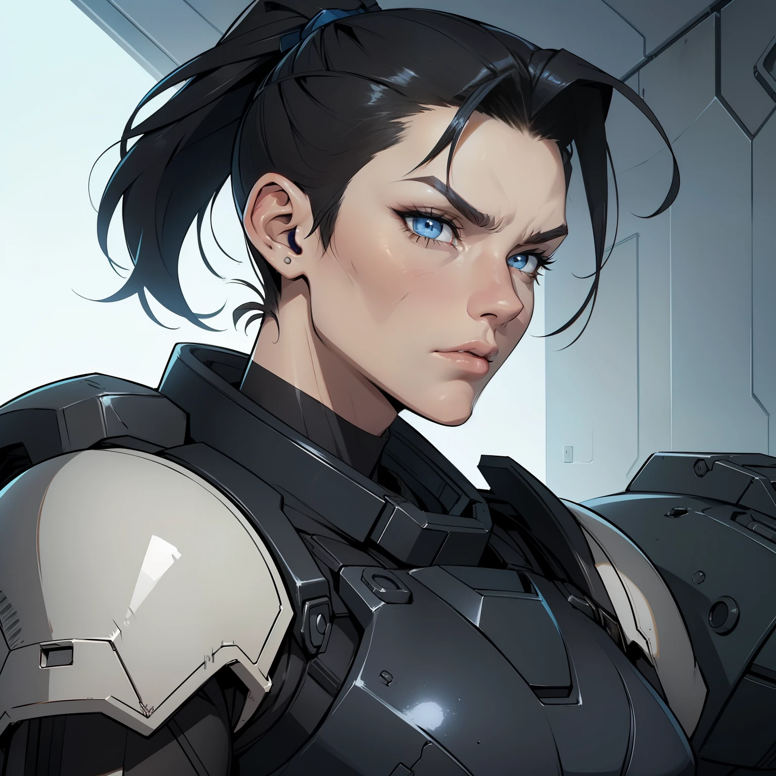 Lanky_muscular_female strong_jawline black_hair short_ponytail shaved_sides blue_eyes scars blemishes exhausted heavy_power_armor tactical_vest space_marine solo Masterpiece best_quality absurdres highly_detailed well_drawn_eyes