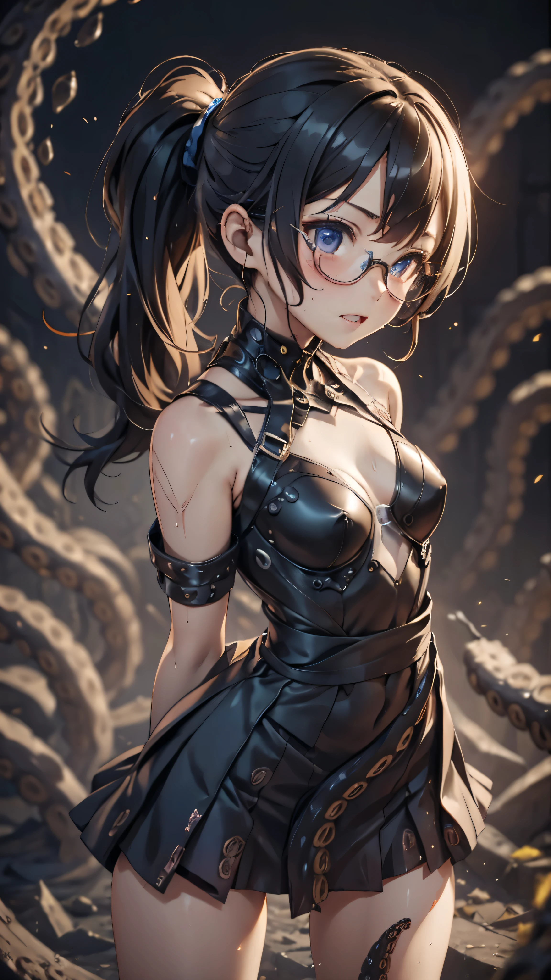 woman,14 years old,,city,night,(((latex skirt dress))),(wet with sweat),open mouth smile((See-through))Glasses,((beautiful long ponytail)),((baby girl body shape)),blush、surprised face,(((Tentacles wrap around the body)))(((raped by tentacles)))(((Tentacles wrap around the body)))(((Tentacles wrap around the body)))(look back)((octopus tentacles))