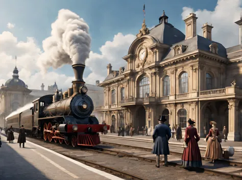 Aesthetics of ancient baroque architecture., ancient station, where the ancient steam locomotive arrives, People, standing on a platform in 18th century clothing, Photorealistic, A high resolution