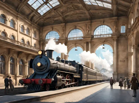Aesthetics of ancient baroque architecture., ancient station, where the ancient steam locomotive arrives, People, standing on a platform in 18th century clothing, Photorealistic, A high resolution
