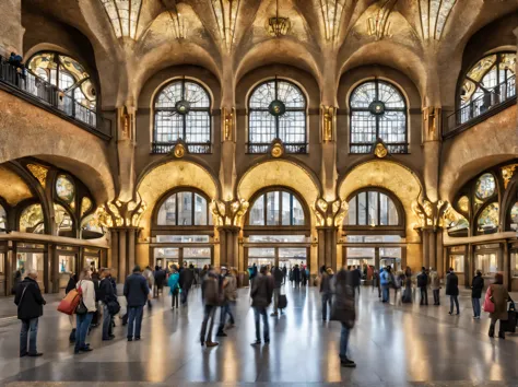 Artistic photography for an elite glossy magazine, A large beautiful building of 18th century Art Nouveau architecture by architect Antonio Gaudi, Railroad station, people waiting for the train to arrive, High detail, A large beautiful building - Railroad ...