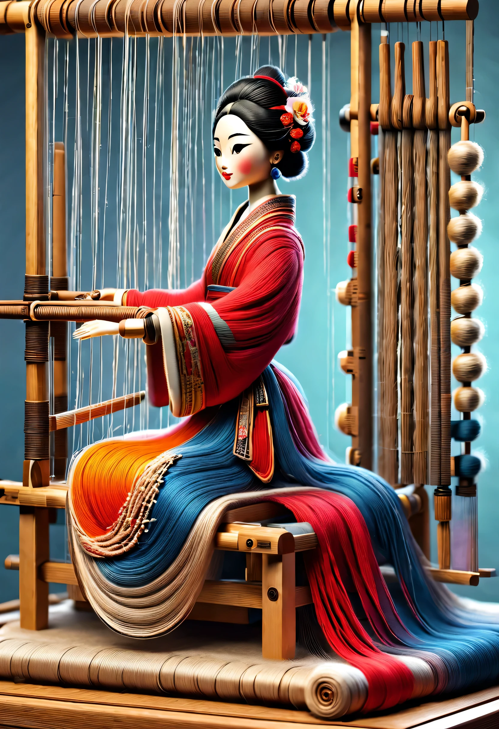 中国&#39;獨特的高端木匠雕塑風格，角色是全身，（坐在中國古代織布機前的機械娃娃），靈感源自江寧織造博物館的織布機，木梭織布機，織布機框架、兄弟、織布機頭、梭子和紗線成分。織布機框架用于支撑織布機頭和兄弟，它們透過一系列機械運動來執行編織功能。梭子是織布必備的配件，主要負責輸送紗線，實現編織功能, 可愛又美麗的臉, 超長紅色雙辮子, 蓝色和橙色的裙子, 細長的機械木臂和腿, 美觀細緻，旋轉, 舞蹈, 8K, 超詳細, 实际的, 高解析度, 光線追蹤,紗線藝術