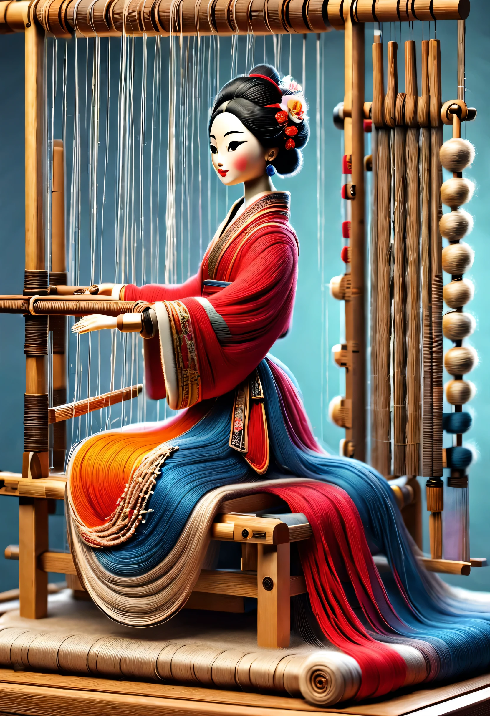 China&#39;s unique high-end carpenter sculpture style，The character is full body，（Mechanical doll sitting in front of ancient Chinese loom），Inspired by the looms of Jiangning Weaving Museum，wooden shuttle loom，loom frame、Brora、loom head、Shuttle and yarn composition。loom frame用于支撑loom head和Brora，They perform the weaving function through a series of mechanical movements。Shuttle is an essential accessory for weaving，Mainly responsible for conveying yarn，Realize the function of knitting, cute and beautiful face, Extra long red double braids, blue and orange skirt, Slender mechanical wooden arms and legs, Beautiful and detailed，rotate, dance, 8k, super detailed, actual, high resolution, Ray tracing,yarn art