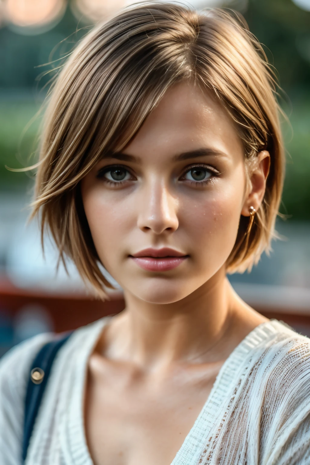 highest quality, 8K, masterpiece, photorealistic, young girl pictures,  Upper body, short hair, (view audience:1.5), (detailed pupil), (natural soft light), (attractive), Bokeh, beautiful face, super dense skin, perfect shining eyes, skin pores, soft hair, fabric stitching, fabric texture