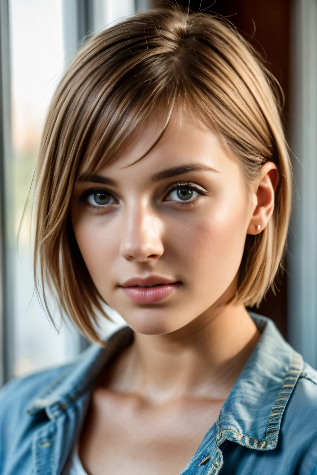 highest quality, 8K, masterpiece, photorealistic, young girl pictures,  Upper body, short hair, (view audience:1.5), (detailed pupil), (natural soft light), (attractive), Bokeh, beautiful face, super dense skin, perfect shining eyes, skin pores, soft hair, fabric stitching, fabric texture