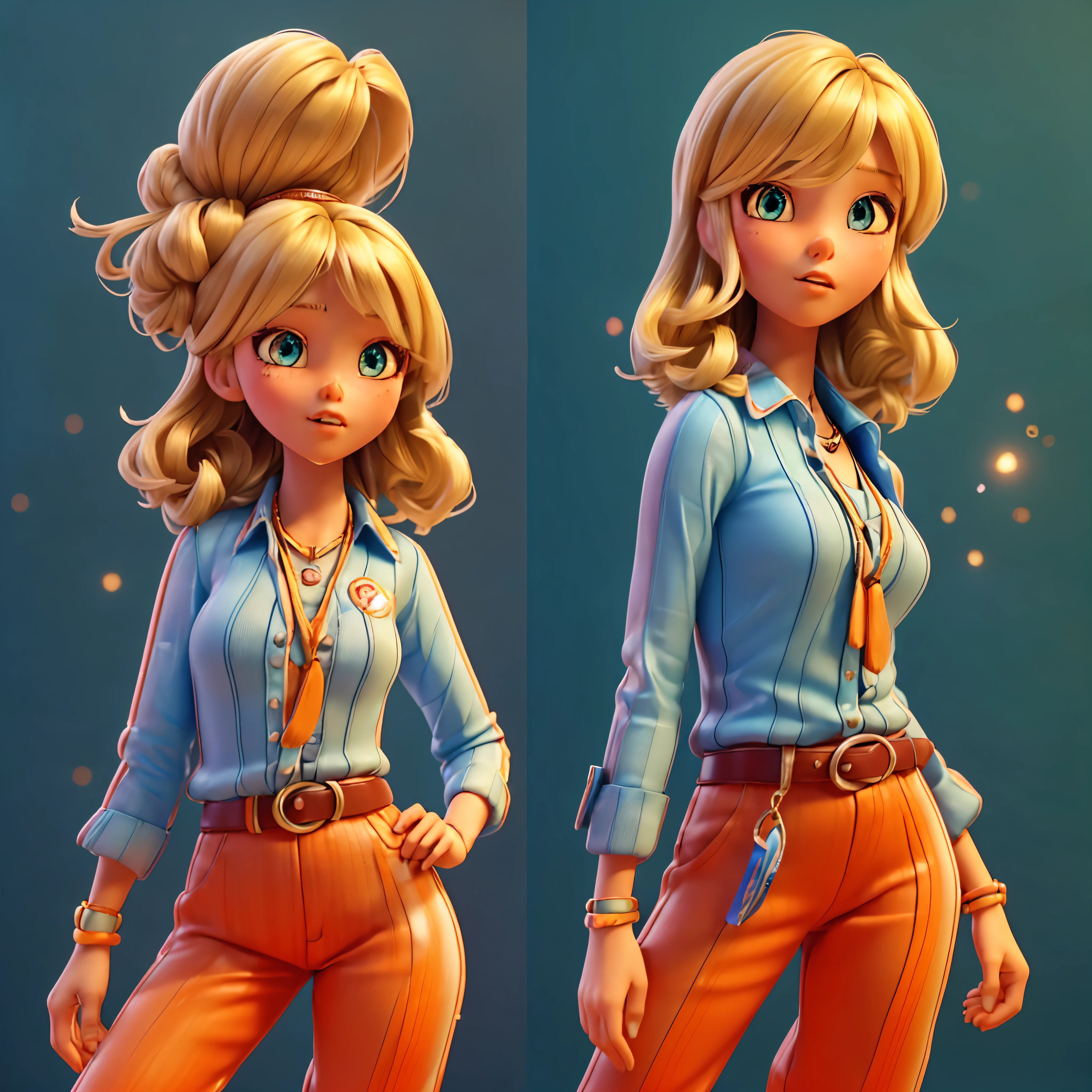 (Ultra-detailed eyes), (((textile shading))), (((Best Quality))), (((masutepiece))), (((Ultra-detailed CG))), sassy girl, (((magical ))), (), (tiny chest), blonde hair, blonde hair, blonde hair, pin up emo, ((gorgeous hair)), Pink eyes, (((retro style, vibrant orange trousers, paired flawlessly with a striking Tape logo patch-detail belt, y2k))), ((striking a pose)), (((Game CG)) (gorgeous, sassy, it girl), fancy jewelry, full led on background, sparkling led on background, retro light tourmaline, retro vibe , light retro led, magic disco light led, strong 80s atmosphere, cowboy shot, midshot, centered image, eye on camera, front look, absolutely outstanding image, bite her lip, reflection, varied multi etc. --v6 --s1000 --c20 --q5 --chaos100