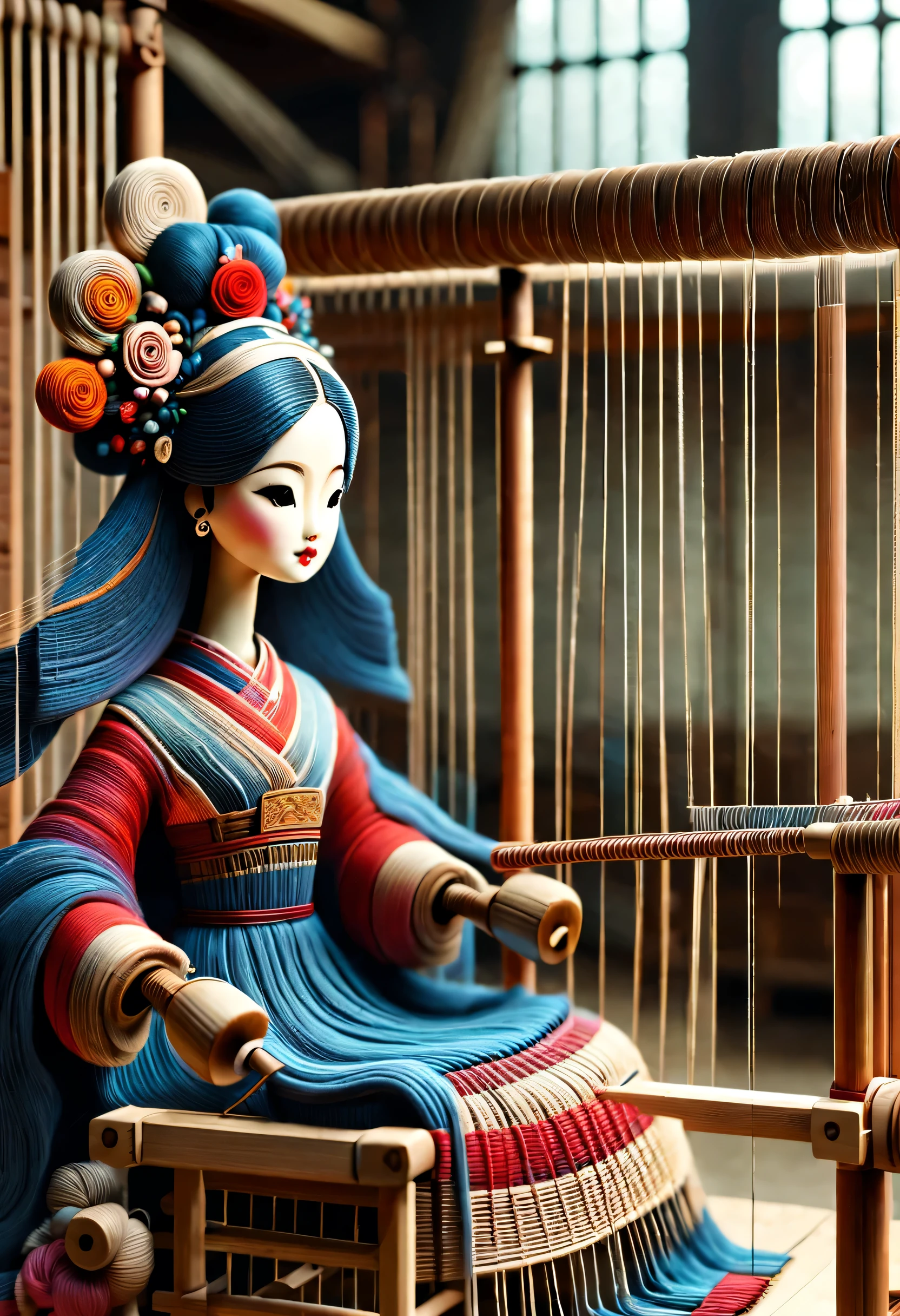 China&#39;s unique high-end carpenter sculpture style，The character is full body，Back，（Mechanical doll sitting in front of ancient Chinese loom），Inspired by the looms of Jiangning Weaving Museum，wooden shuttle loom，loom frame、Brora、loom head、shuttle and yarn composition。gear，shuttle，complex structure，loom frame用于支撑loom head和Brora，They perform the weaving function through a series of mechanical movements。shuttle is an essential accessory for weaving，Mainly responsible for conveying yarn，Realize the function of knitting, cute and beautiful face, Extra long red double braids, blue and orange skirt, Slender mechanical wooden arms and legs, Beautiful and detailed，rotate, dance, 8k, super detailed, actual, high resolution, Ray tracing,yarn art