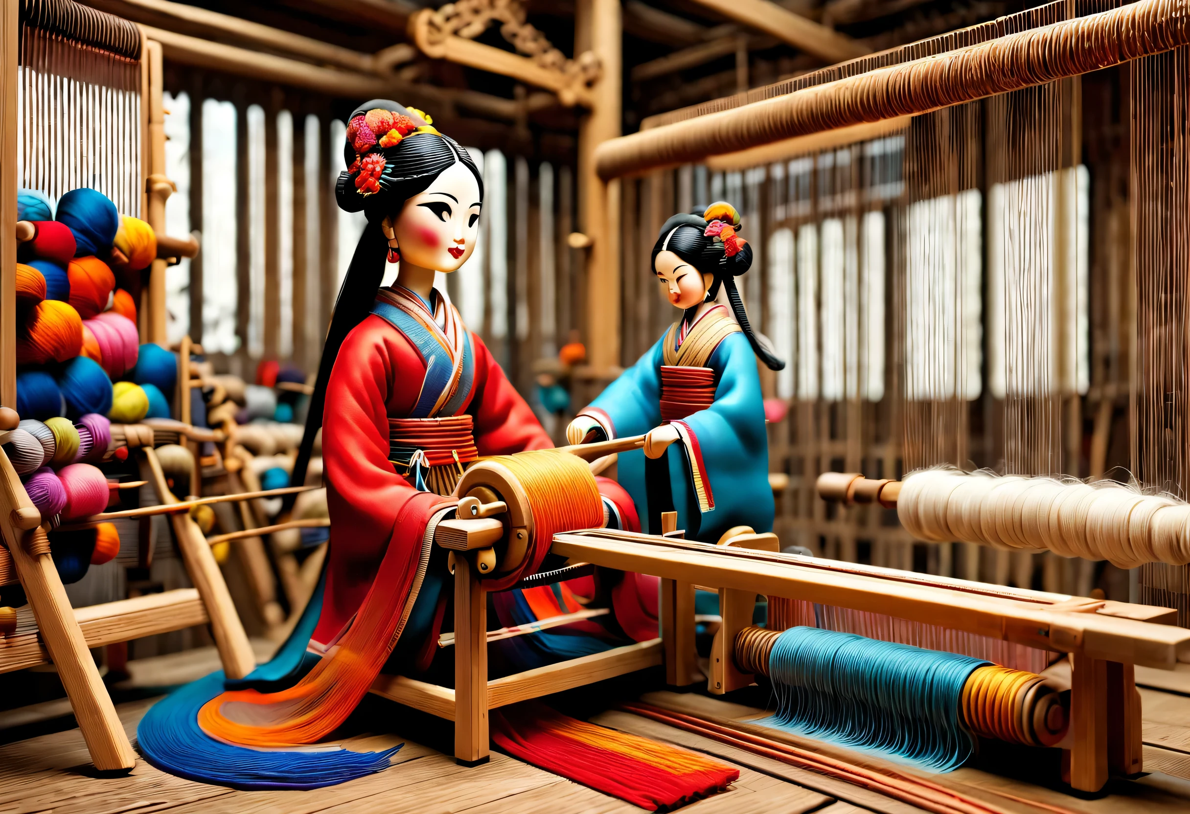 China&#39;s unique high-end carpenter sculpture style，The character is full body，side，（Mechanical doll sitting in front of ancient Chinese loom），Inspired by the looms of Jiangning Weaving Museum，wooden shuttle loom，loom frame、Brora、loom head、Shuttle and yarn composition。loom frame用于支撑loom head和Brora，They perform the weaving function through a series of mechanical movements。Shuttle is an essential accessory for weaving，Mainly responsible for conveying yarn，Realize the function of knitting, cute and beautiful face, Extra long red double braids, blue and orange skirt, Slender mechanical wooden arms and legs, Beautiful and detailed，rotate, dance, 8k, super detailed, actual, high resolution, Ray tracing,yarn art