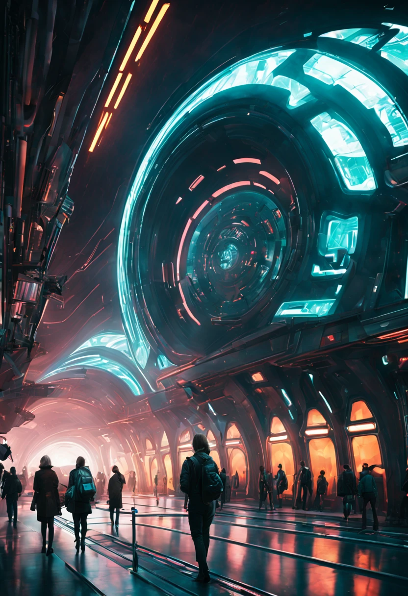 Image: Ein futuristischer Sci-Fi-Bahnhof mit miteinander verbundenen Portalen Beschreibende Schlüsselwörter: Hightech, jenseitig, miteinander verbunden Fotografischer Stil: surrealistisch, mit leuchtender Neonbeleuchtung und geometrischer Architektur in einem Cyberpunk-Setting. 

Ton: geheimnisvoll, Dynamisch, und ansprechendes Objekt: Ein schlankes, silberner Hochgeschwindigkeitszug nähert sich einem der leuchtenden Portale Action: Der Zug surrt mit einem subtilen futuristischen Summen, als er sich darauf vorbereitet, das leuchtende Portal zu betreten, umgeben von einem geschäftigen Bahnhof voller unterschiedlichster Passagiere und Roboter-Begleiter.