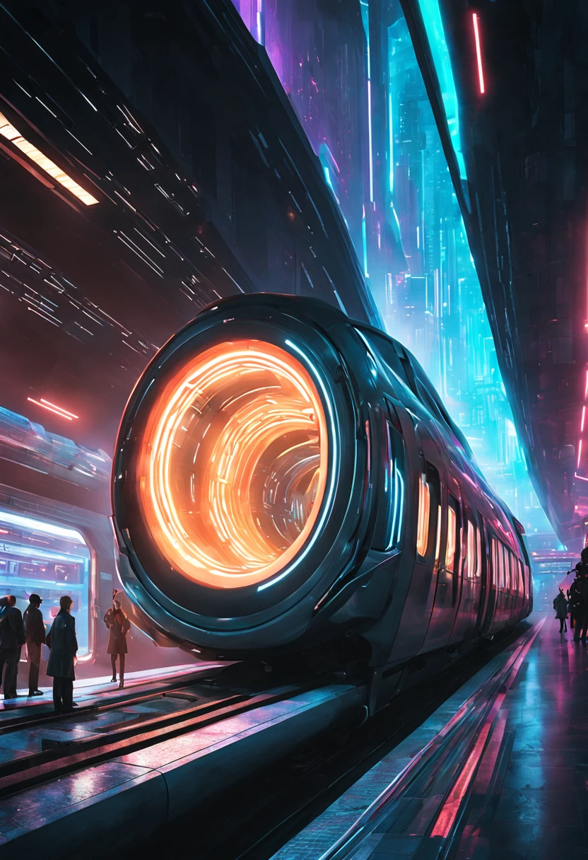 Image: A futuristic sci-fi train station with interconnected portals

Descriptive keywords: High-tech, otherworldly, interconnected

Photographic style: Surrealistic, with vibrant neon lighting and geometric architecture in a cyberpunk setting. 

Tone: Mysterious, dynamic, and engaging

Object: A sleek, silver high-speed train approaching one of the glowing portals

Action: The train is whirring with a subtle futuristic hum as it prepares to enter the glowing portal, surrounded by a bustling station filled with diverse passengers and robotic attendants.