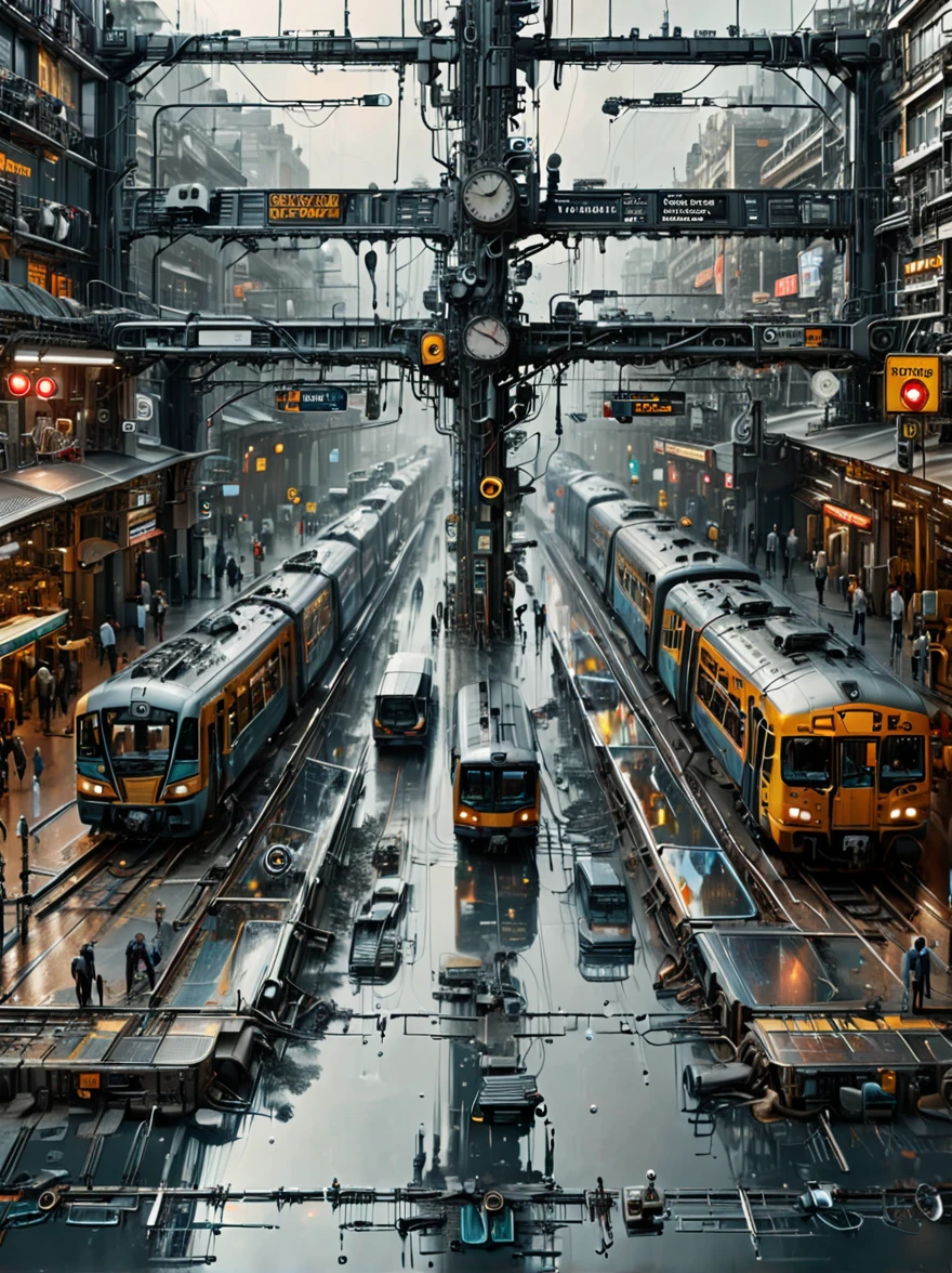 Edge&#39;s dystopian busy train station, Transport vehicles parked at the station and bright signs, Pedestrians move synchronously, Rainwater creates reflective pools on the ground