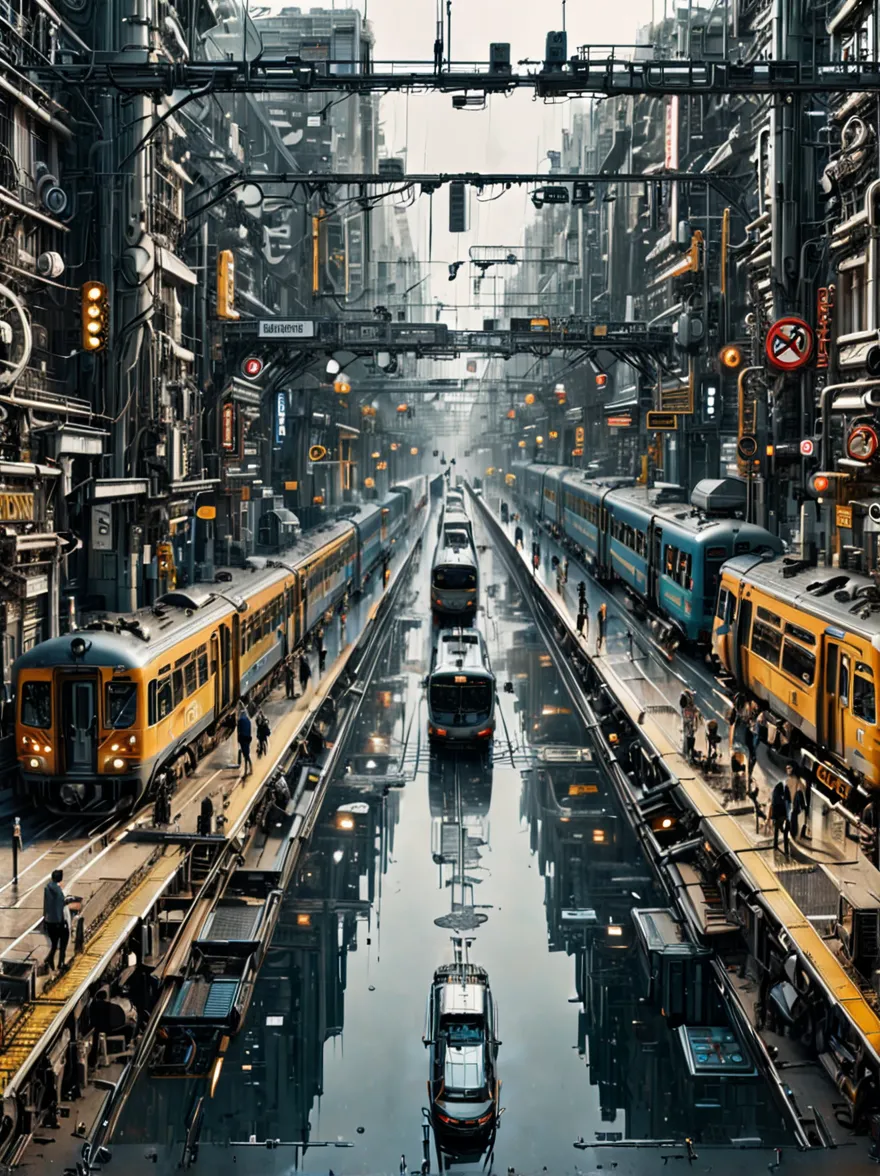 edge&#39;s dystopian busy train station, transport vehicles parked at the station and bright signs, pedestrians move synchronous...