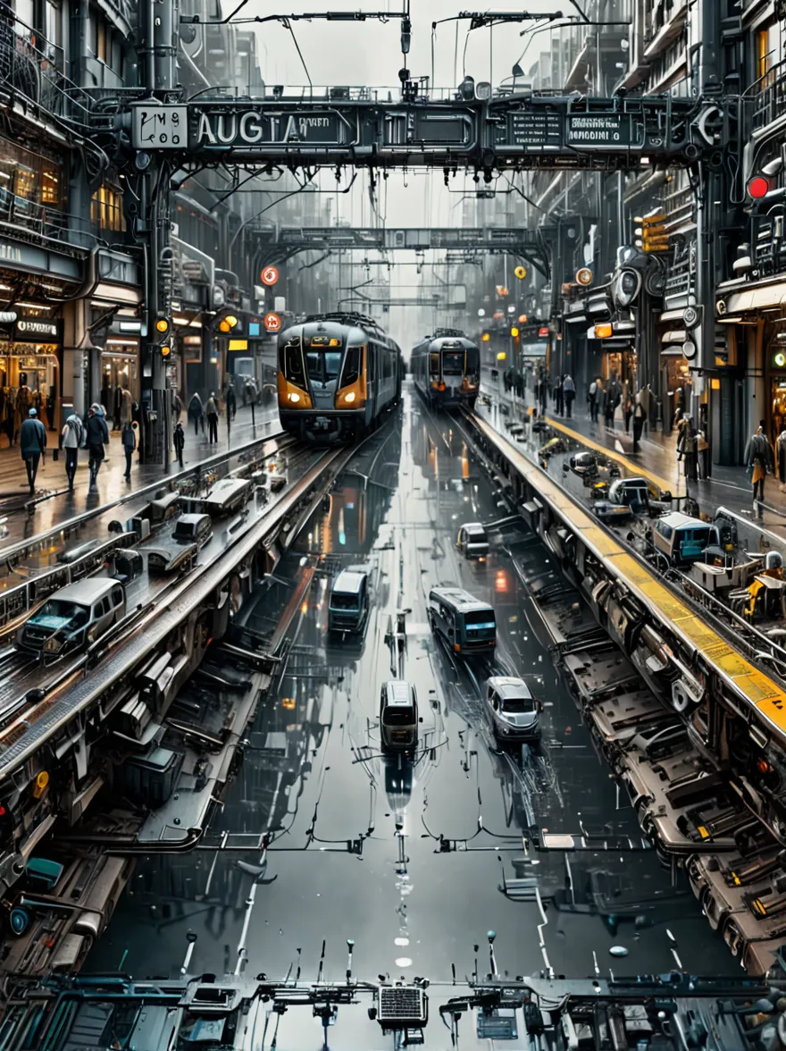 edge&#39;s dystopian busy train station, transport vehicles parked at the station and bright signs, pedestrians move synchronous...