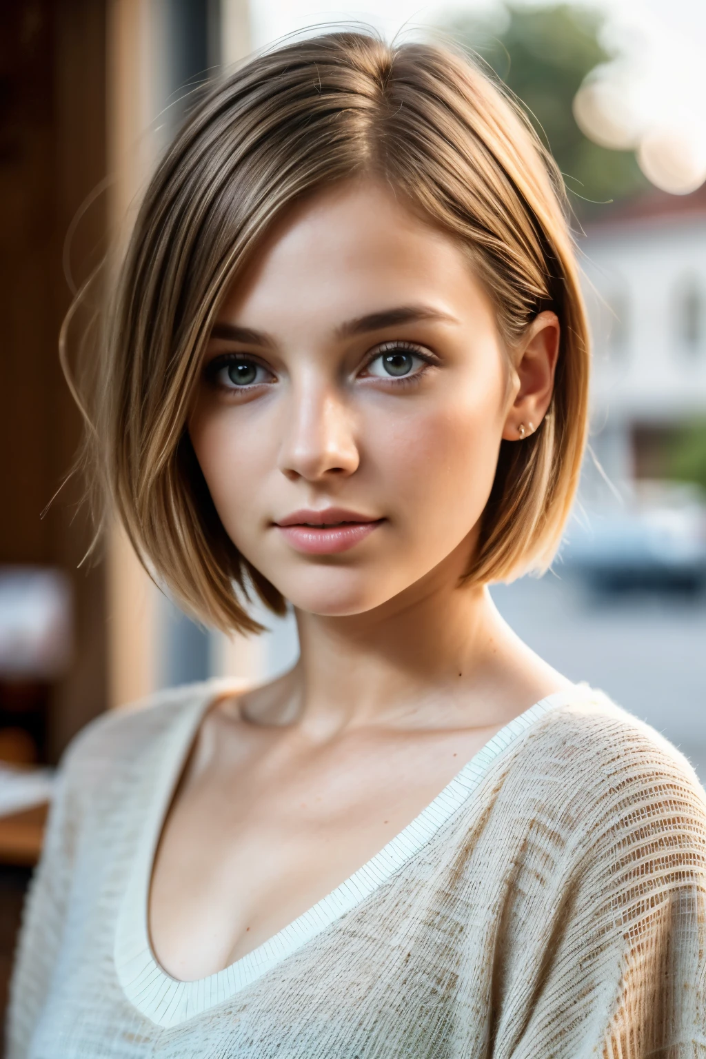 highest quality, 8K, masterpiece, photorealistic, young girl pictures,  Upper body, short bob hair, (view audience:1.5), (detailed pupil), (natural soft light), (attractive), Bokeh, beautiful face, super dense skin, perfect shining eyes, skin pores, soft hair, fabric stitching, fabric texture