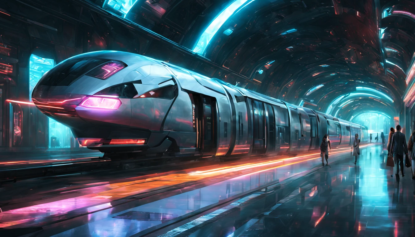 Image: Ein futuristischer Sci-Fi-Bahnhof mit miteinander verbundenen Portalen Beschreibende Schlüsselwörter: Hightech, jenseitig, miteinander verbunden Fotografischer Stil: surrealistisch, mit leuchtender Neonbeleuchtung und geometrischer Architektur in einem Cyberpunk-Setting. 

Ton: geheimnisvoll, Dynamisch, und ansprechendes Objekt: Ein schlankes, silberner Hochgeschwindigkeitszug nähert sich einem der leuchtenden Portale Action: Der Zug surrt mit einem subtilen futuristischen Summen, als er sich darauf vorbereitet, das leuchtende Portal zu betreten, umgeben von einem geschäftigen Bahnhof voller unterschiedlichster Passagiere und Roboter-Begleiter.