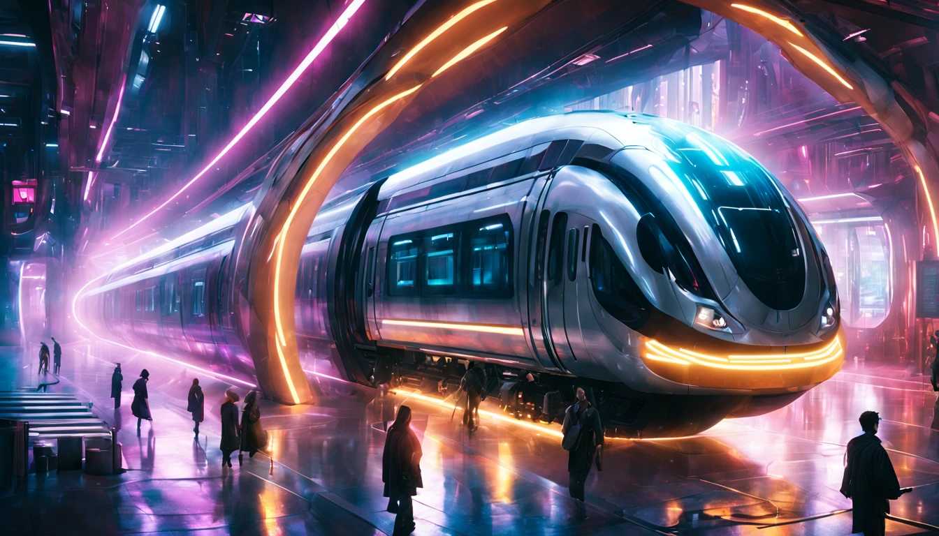 Image: Ein futuristischer Sci-Fi-Bahnhof mit miteinander verbundenen Portalen Beschreibende Schlüsselwörter: Hightech, jenseitig, miteinander verbunden Fotografischer Stil: surrealistisch, mit leuchtender Neonbeleuchtung und geometrischer Architektur in einem Cyberpunk-Setting. 

Ton: geheimnisvoll, Dynamisch, und ansprechendes Objekt: Ein schlankes, silberner Hochgeschwindigkeitszug nähert sich einem der leuchtenden Portale Action: Der Zug surrt mit einem subtilen futuristischen Summen, als er sich darauf vorbereitet, das leuchtende Portal zu betreten, umgeben von einem geschäftigen Bahnhof voller unterschiedlichster Passagiere und Roboter-Begleiter.